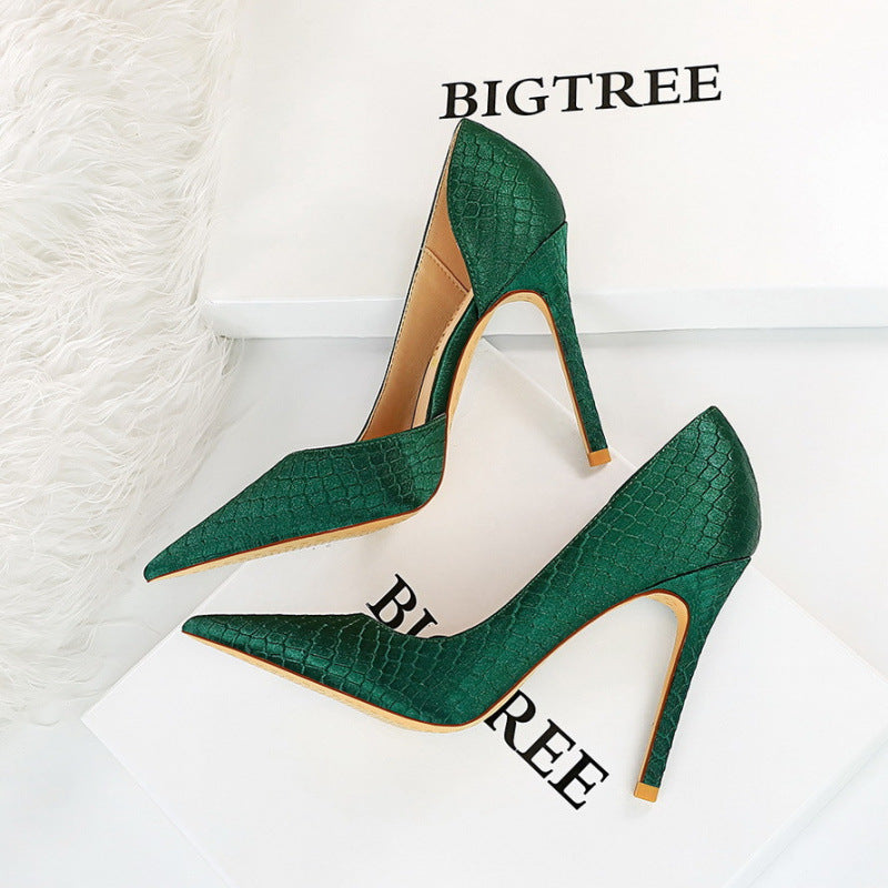 Thin heeled super high heels with shallow side hollow snake pattern silk high heels for women