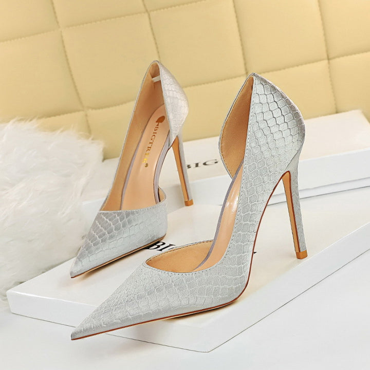 Thin heeled super high heels with shallow side hollow snake pattern silk high heels for women