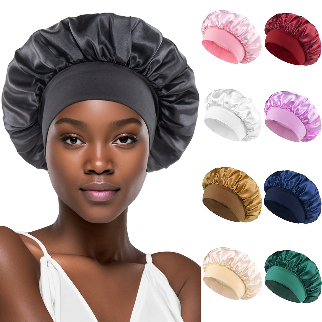 Solid Color Bath Cap Adult Fashion Satin Wide Brim Sleep Cap for Women Chemotherapy Hair Care