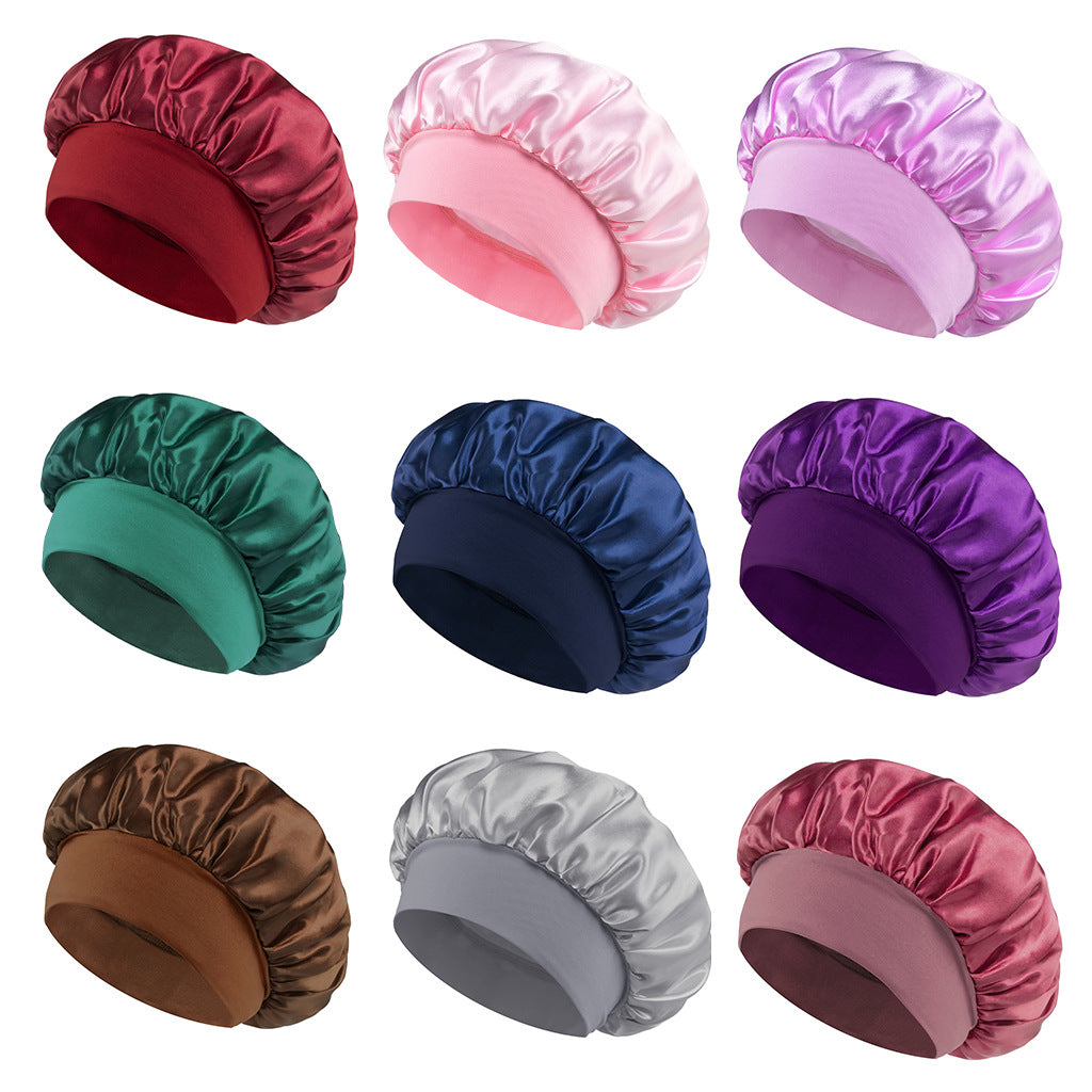 Solid Color Bath Cap Adult Fashion Satin Wide Brim Sleep Cap for Women Chemotherapy Hair Care