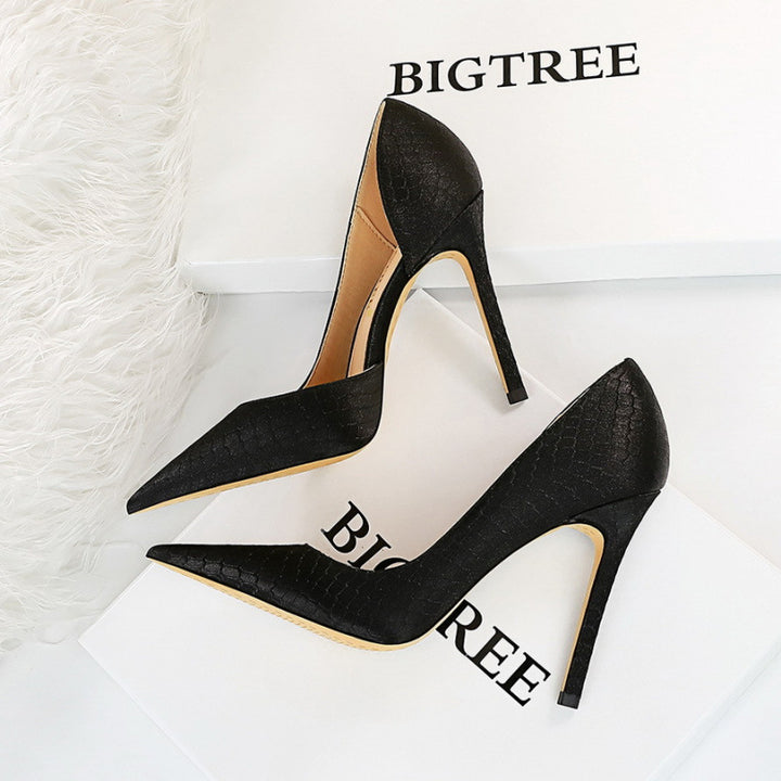 Thin heeled super high heels with shallow side hollow snake pattern silk high heels for women