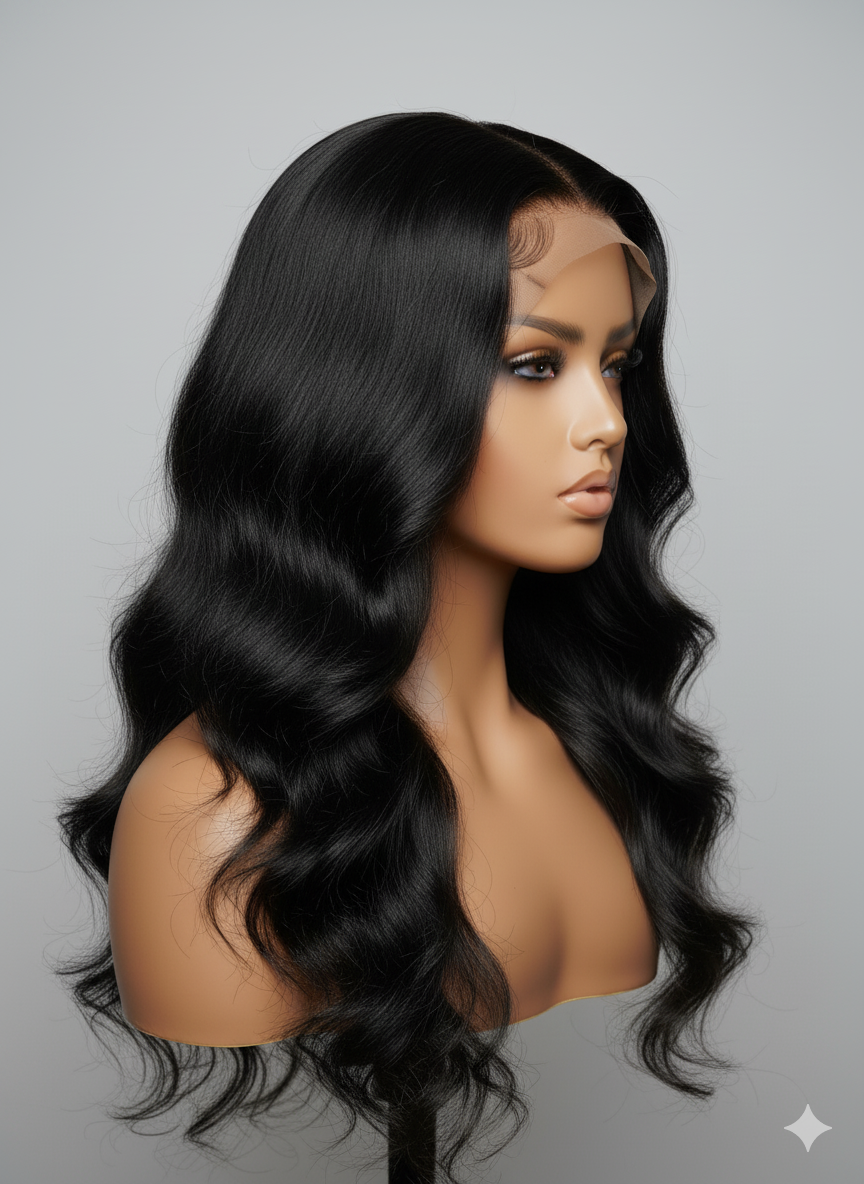 Black Wig With Invisi Drawstring 100% Human Hair 180% Density
